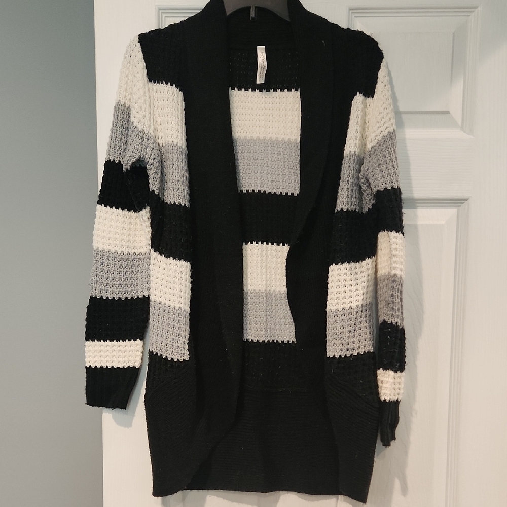 Bobbie Brooks Black and Gray Cardigan with Geometric Color Blocking